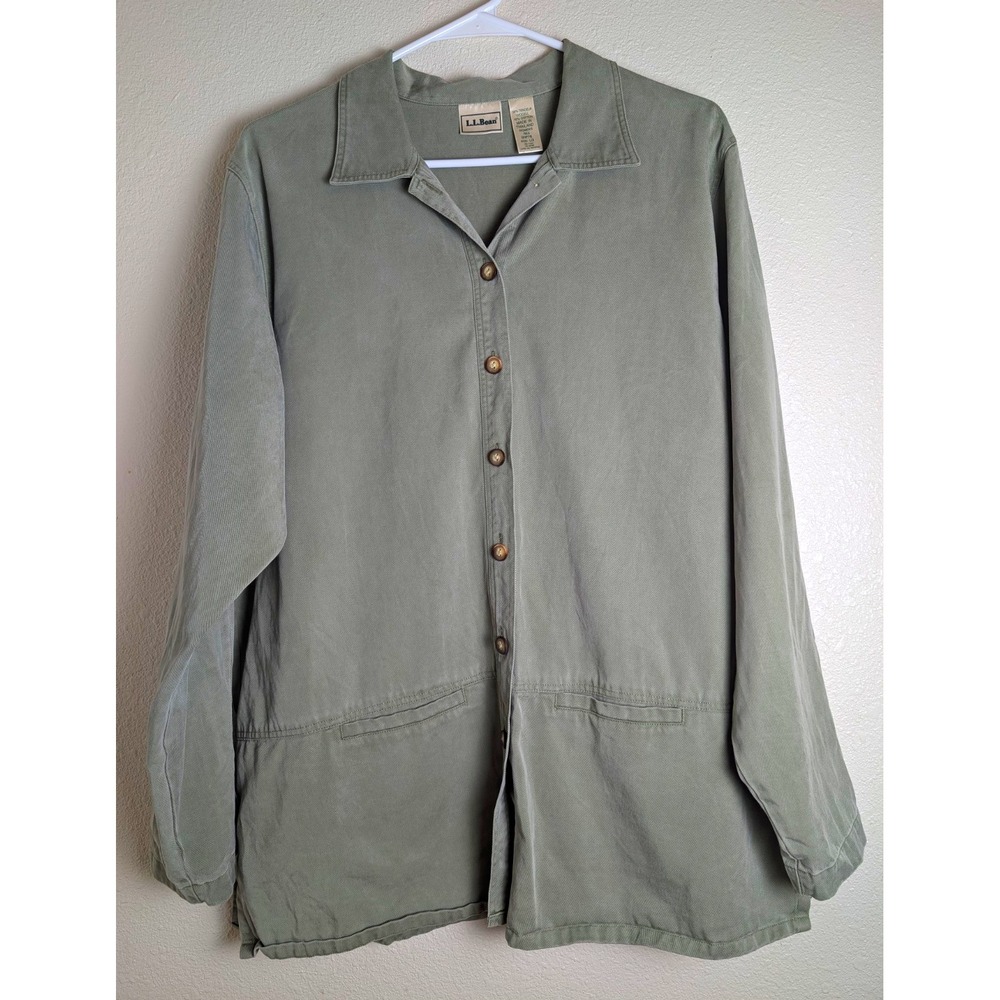 L.L.Bean Women's Large Sage Green Tencel Cotton Button Front Shirt Jacket Tunic